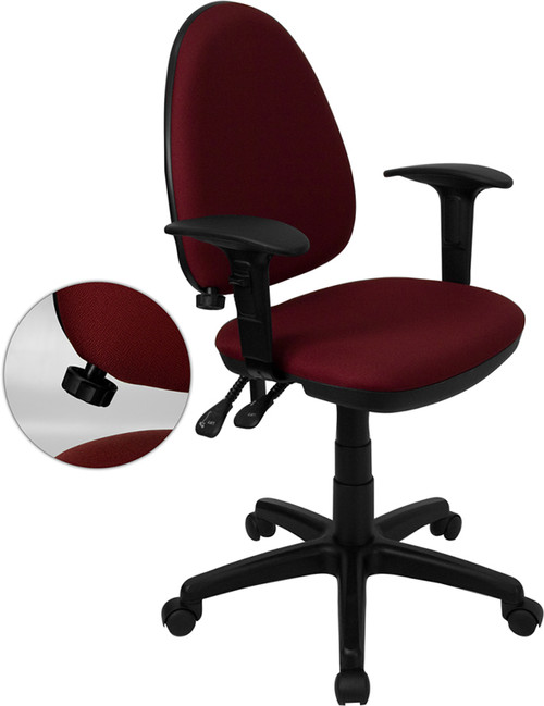 Mid-Back Burgundy Fabric Multi-Functional Task Chair with Arms and Adjustable Lumbar Support , #FF-0347-14