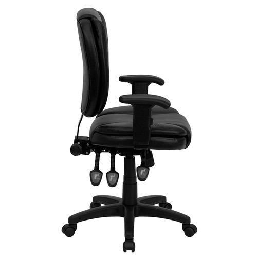 Mid-Back Black Leather Multi-Functional Ergonomic Task Chair with Arms , #FF-0328-14