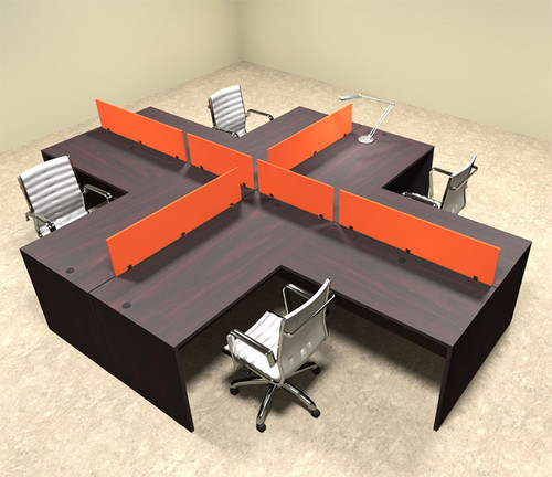 Four Person Orange Divider Office Workstation Desk Set, #OT-SUL-FPO31