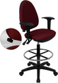 Mid-Back Burgundy Fabric Multi-Functional Drafting Stool with Arms and Adjustable Lumbar Support , #FF-0520-14