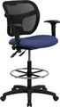 Mid-Back Mesh Drafting Stool with Navy Blue Fabric Seat and Arms , #FF-0532-14