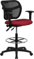 Mid-Back Mesh Drafting Stool with Burgundy Fabric Seat and Arms , #FF-0533-14