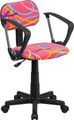 Multi-Colored Swirl Printed Pink Computer Chair with Arms , #FF-0392-14