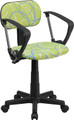 Blue & White Swirl Printed Green Computer Chair with Arms , #FF-0394-14