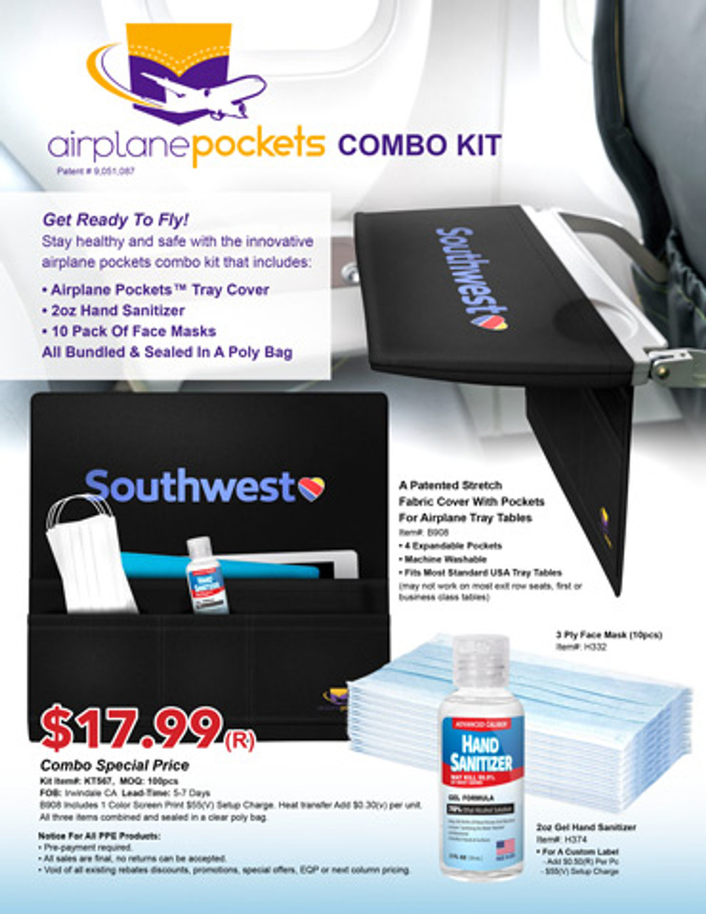 Airplane Pockets, 2 oz Hand Sanitizer And 10pc Face Mask Combo Kit