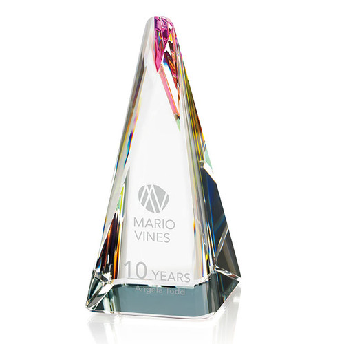The unique twisted pyramid shape of this optical crystal award features long beveled sides that cast brilliant reflections. More than just an award, it's a piece of art.