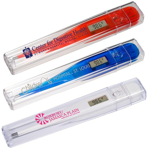 THERMOMETER DIGITAL -This ABS Plastic digital thermometer has an easy-to-read LCD display. Comes in a clear PC plastic storage case. It meets FDA requirements and includes an automatic switch-off feature.