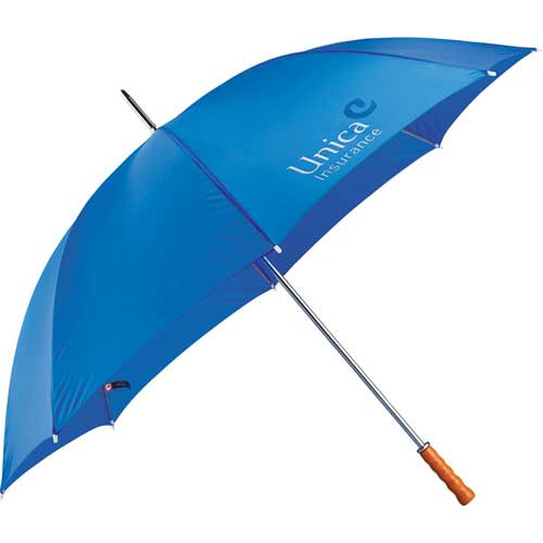 Golf Umbrella - 60" - Full-size golf umbrella. Manual opening. Large polyester canopy with matching color case. Sturdy metal shaft with large wood handle.