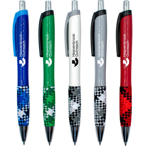 Cardigan Pen-This pen is dressed to impress with colorful plaid fabric on its jumbo grip! The ergonomic shape and smooth writing hybrid ink offer a pleasing writing experience. Add your brand to a fun and unique pen with a large imprint area.