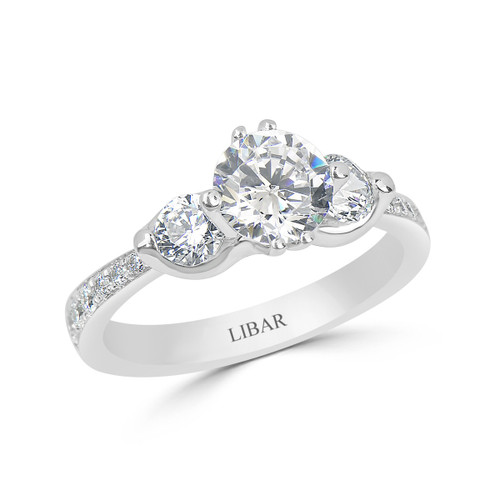 Six Claw Three Stone Set Engagement Ring With Pave Set Shoulders