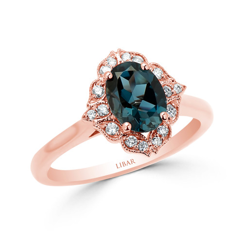 Oval London Blue Topaz Leafed Halo Ladies Diamond Ring