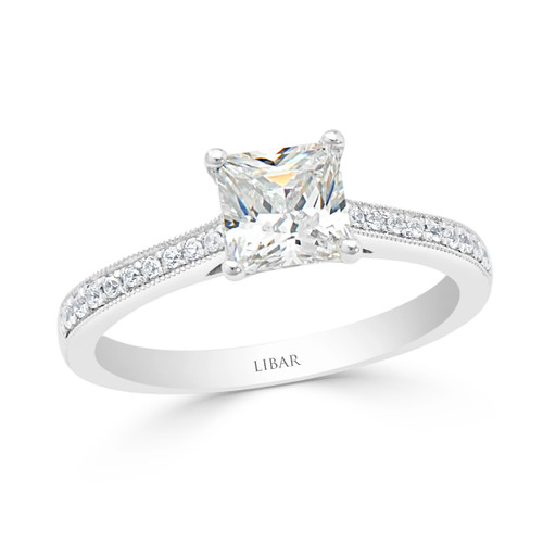 Four Claw Princess Cut Milgrained Pave Engagement Ring