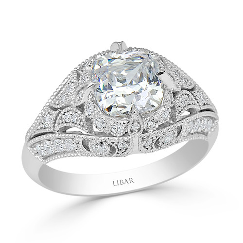 Cushion Center Vintage Pave Milgrained Diamond Ladies Engagement Ring