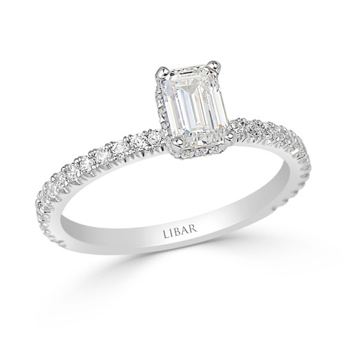 Emerald Cut Hidden Halo Pave Set Ladies Diamond Engagement Ring