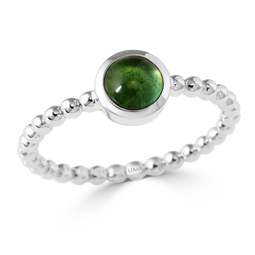 Beaded Band Bezel Set Cabochon Green Tourmaline Ladies Ring