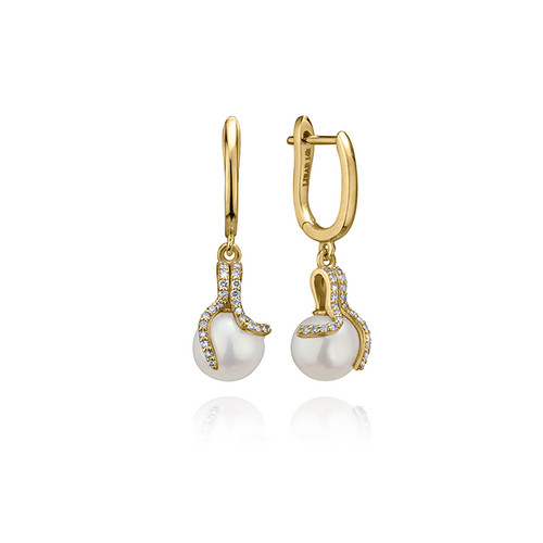 Ladies' Pearl Drop Earrings With Wrapping Diamond Design  Ladies' Pearl Drop Earrings With Wrapping Diamond Design