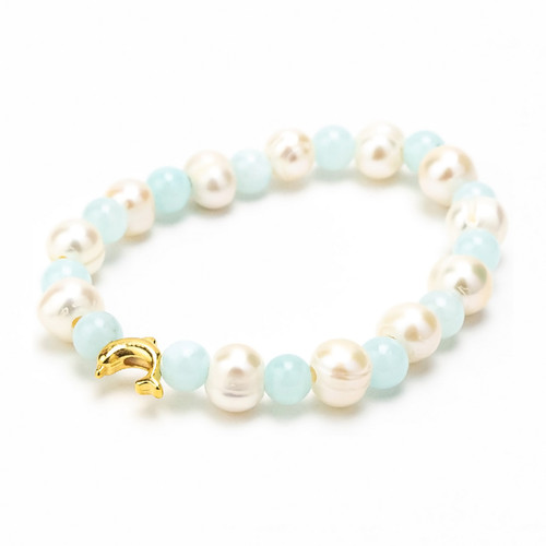 Pearls, Baby Blue Beads & Gold Dolphin Bracelet