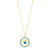 The image shows a gold-colored necklace with a pendant that features the design of an eye. The eye is centered within a circular frame, and the frame is embellished with what appears to be turquoise-colored stones or crystals. The eye itself has a blue iris, which stands out against the gold and turquoise colors. This type of design is often associated with the "evil eye" talisman, which is believed in various cultures to protect the wearer from bad luck or harmful energies.