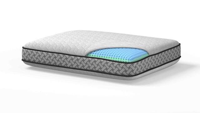 Cutaway of the FORM CryoPhase Pillow: knit cover, phase-change layer and ventilated cooling memory foam core