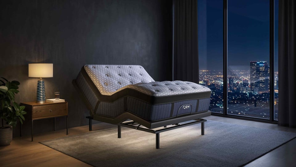 Motion-sensor night light glowing under the FORM Adjustable Bed Base in a dark bedroom