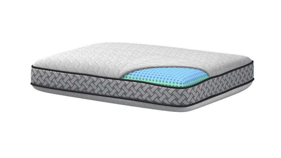 Cutaway of the FORM CryoPhase Pillow: knit cover, phase-change layer and ventilated cooling memory foam core