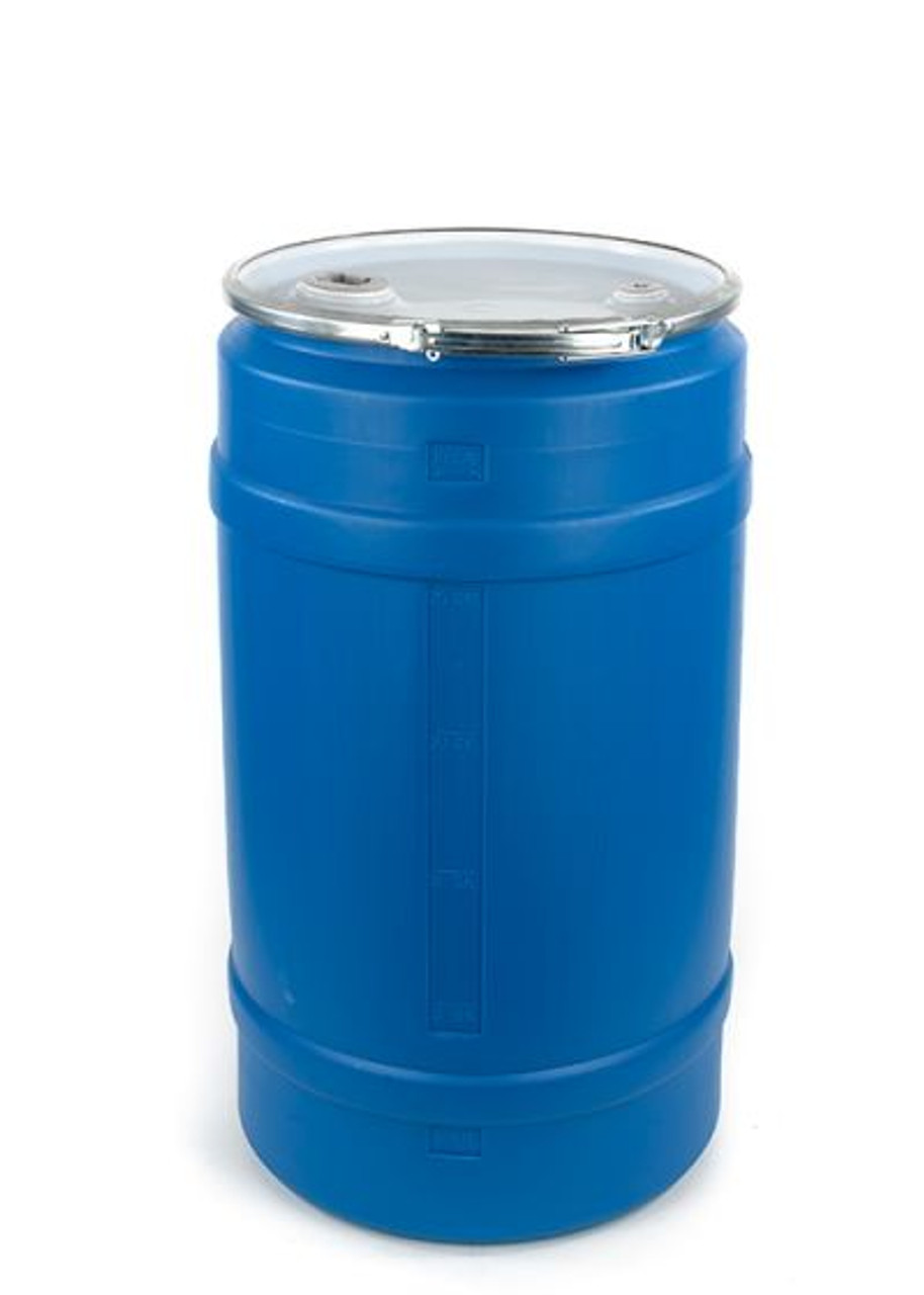 30 GALLON PLASTIC DRUM, OPEN HEAD, UN RATED, FITTINGS - BLUE