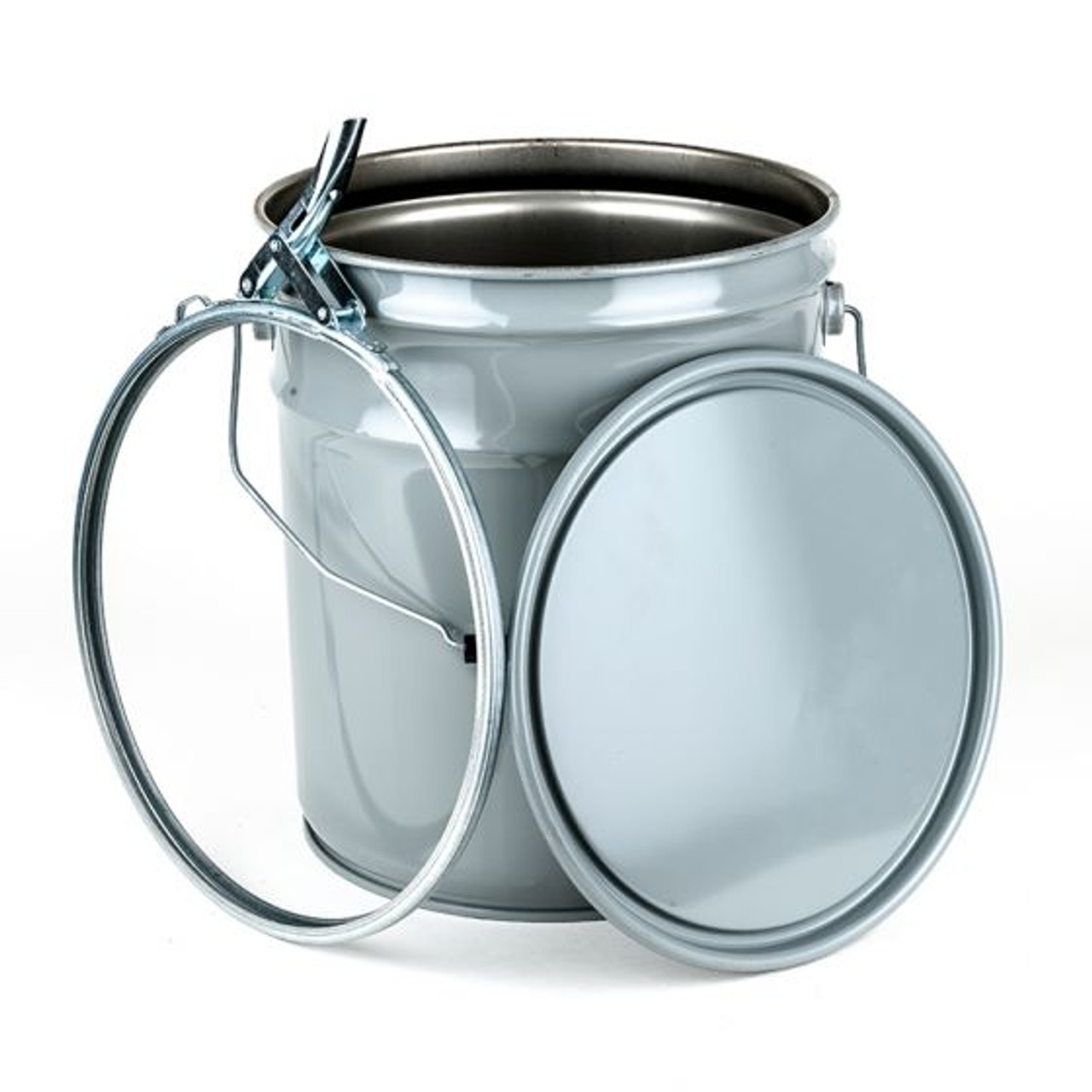 5 GALLON STEEL PAIL, OPEN HEAD, LUG COVER, LEVER LOCK RING - GRAY