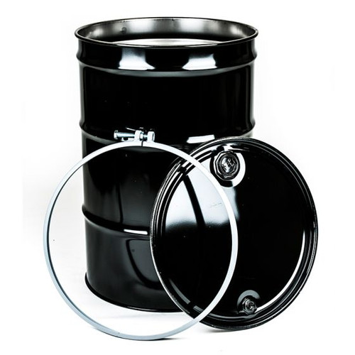 55 GALLON STEEL DRUM, OPEN HEAD, UN RATED, BOLT RING - BLACK