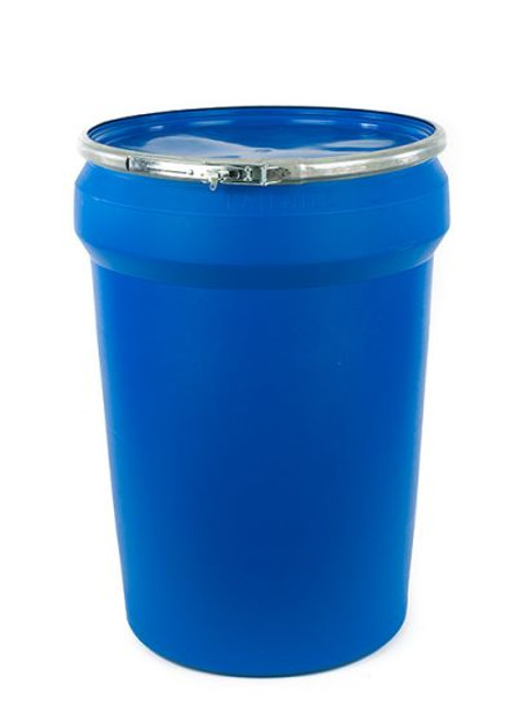 30 GALLON TAPERED PLASTIC DRUM, OPEN HEAD, UN RATED, LEVER LOCK - BLUE