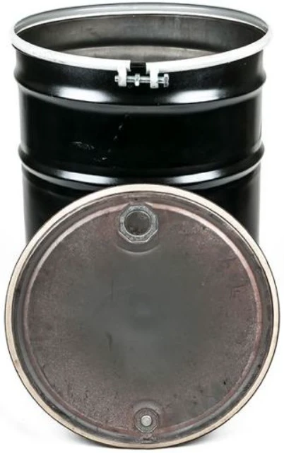 55 Gallon Steel Drum, UN Rated, Fittings, Black/White