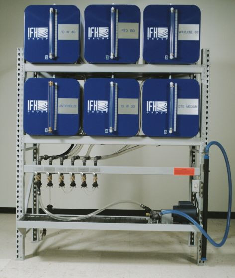 OIL STORAGE AND DISPENSING SYSTEM SIX, 65 GALLON CONTAINERS