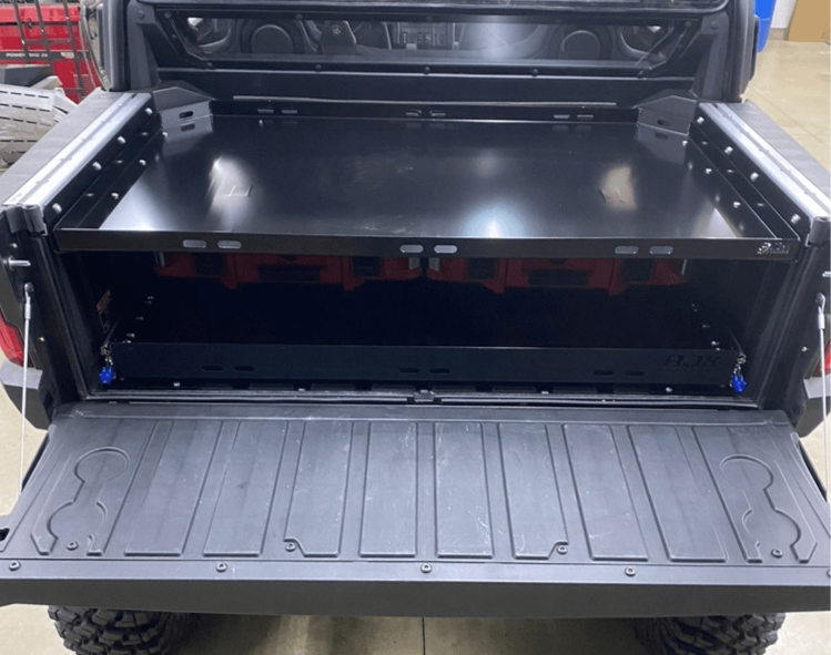 Polaris Xpedition Bed Tray by AJK Offroad Back View Mounted Lower Pictured with Bed Drawer and Loadout Kits with Drawer In and Tailgate Open