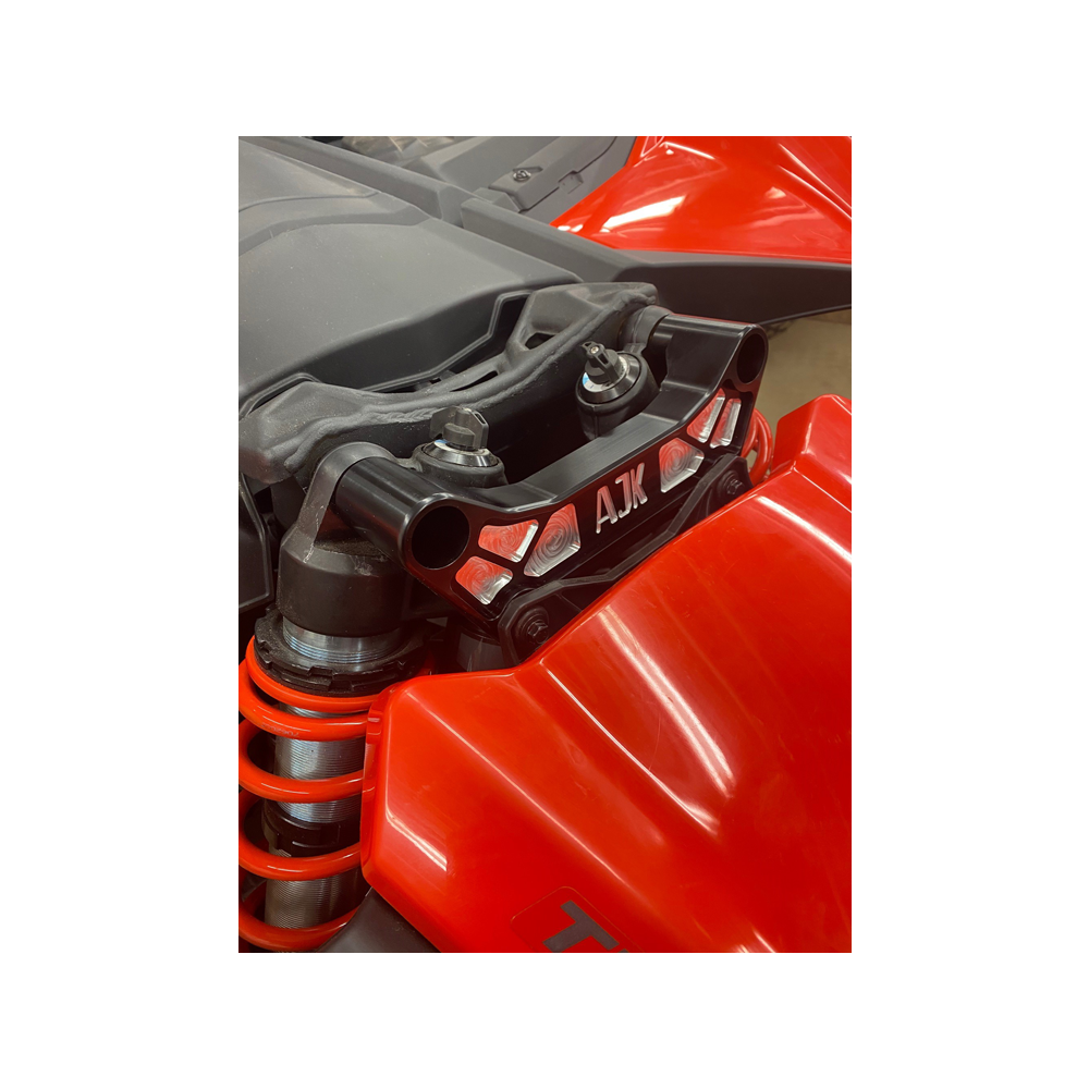 Can-Am Maverick X3 Billet Aluminum Shock Tower Brace by AJK Offroad Installed on Red Can-Am Left Side View