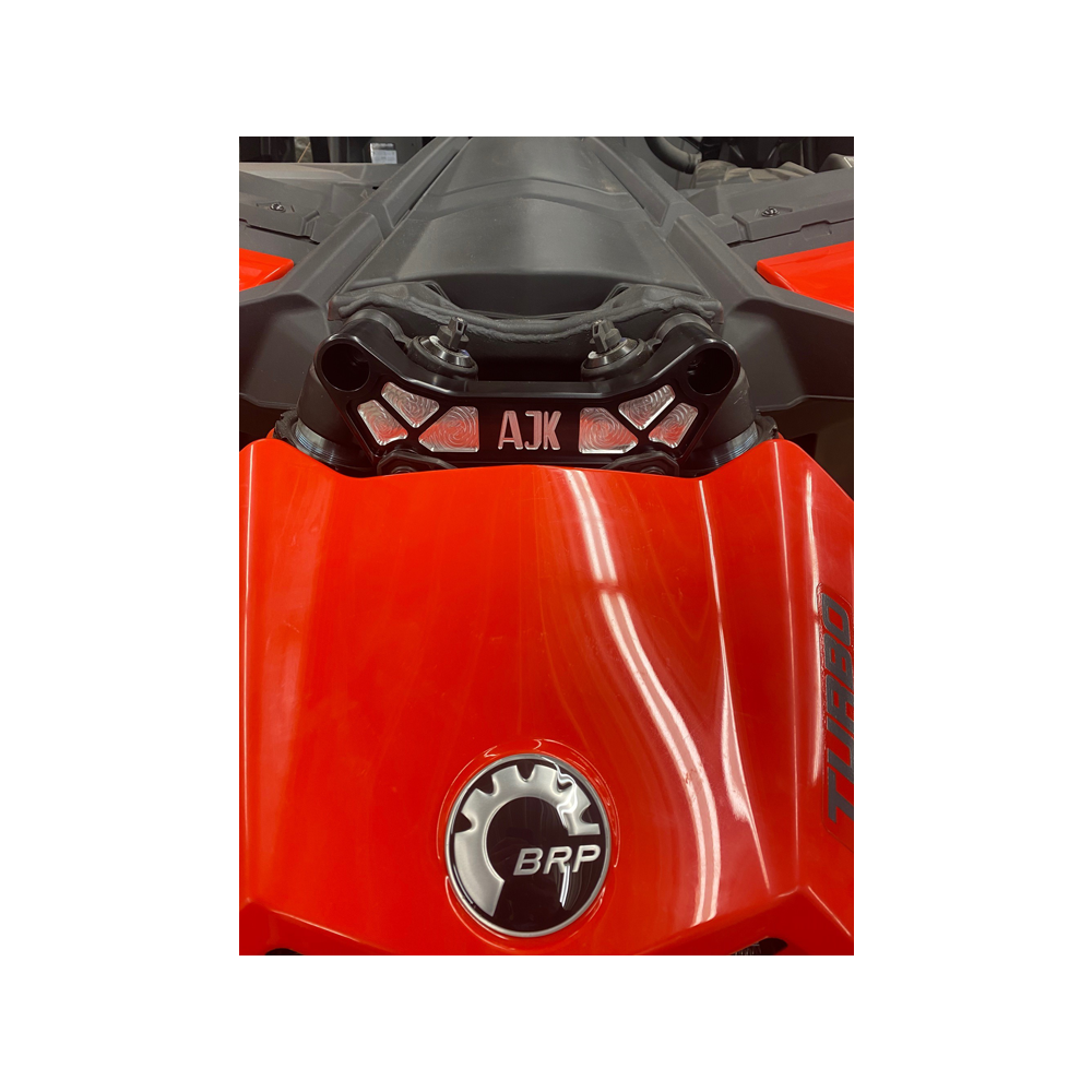 Can-Am Maverick X3 Billet Aluminum Shock Tower Brace by AJK Offroad Installed On Red Can Am Front View