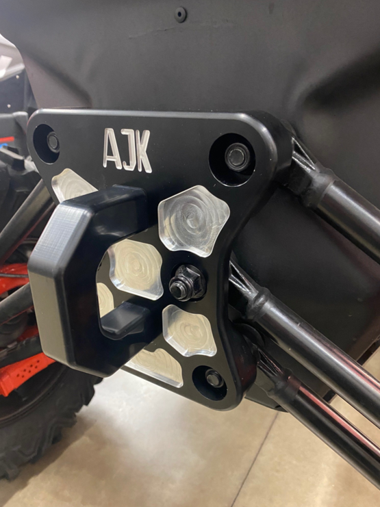 Can-Am X3 Billet Aluminum Radius Rod Plate by AJK Offroad Right Side View Installed with Hook
