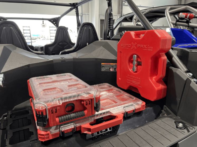 Kawasaki KRX Rotopax Mount by AJK Offroad Front Side View with Two Tool Kits