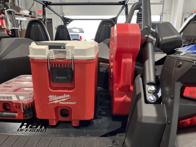 Kawasaki KRX Rotopax Mount by AJK Offroad Side View with Cooler