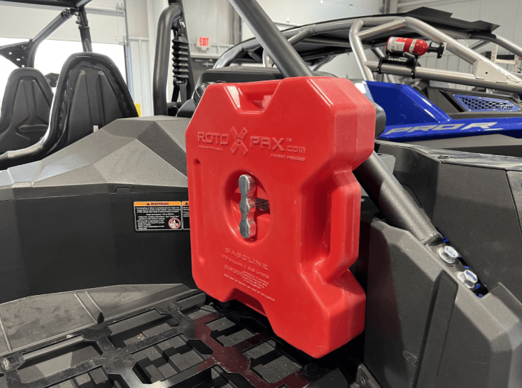 Kawasaki KRX Rotopax Mount by AJK Offroad with Gas Tank Installed Side Close Up