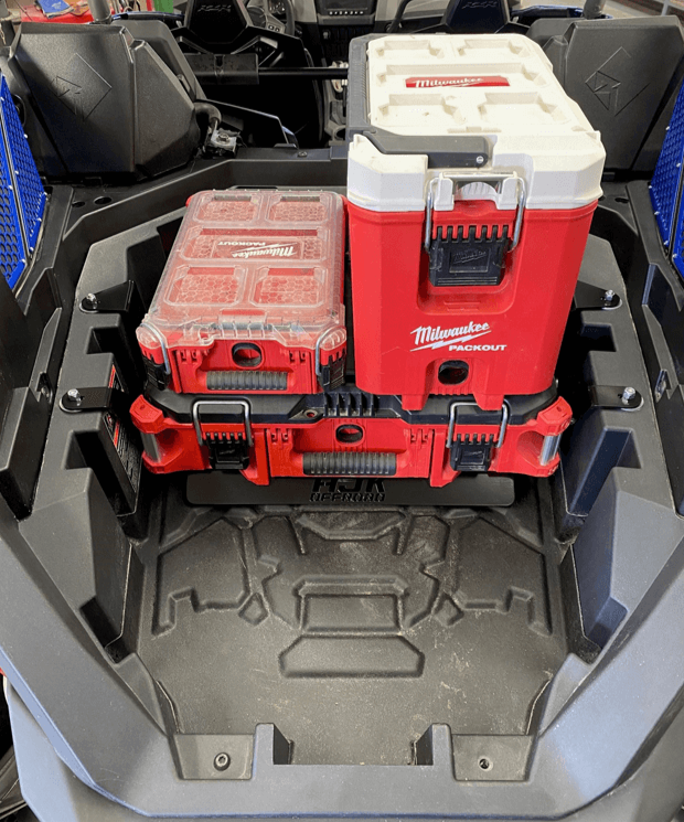 Polaris RZR PRO R Packout Mount by AJK Offroad with three Milwaukee Pack Out Kits