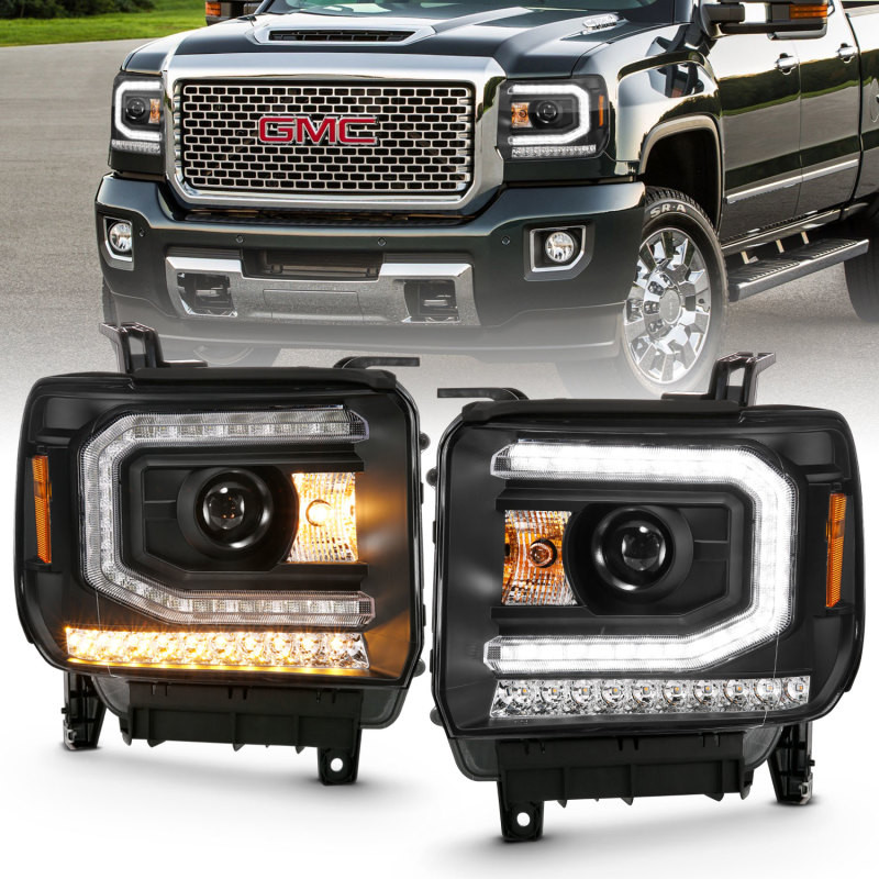 ANZO 2016-2019 GMC Sierra 1500 Projector Headlight Plank Style Black w/ Sequential Amber Signal