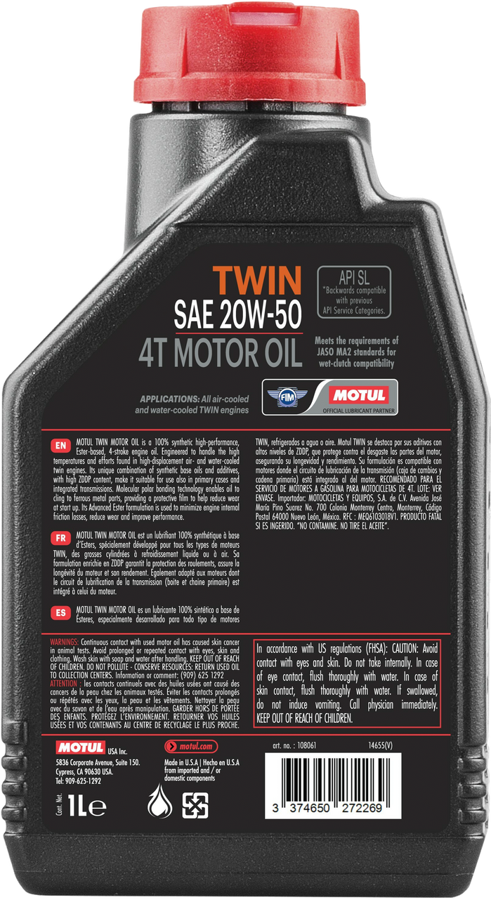 Motul Twin 100% Syn Oil 20w50 1qt