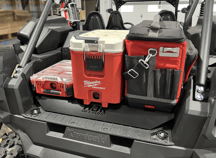 Kawasaki KRX Packout Mount - Subwoofer Compatible by AJK Offroad with a kit and two coolers installed