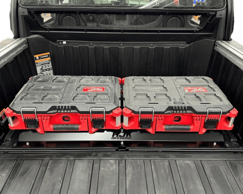 Polaris Xpedition Rear Packout Mount by AJK Offroad with two flat Milwaukee kits front view