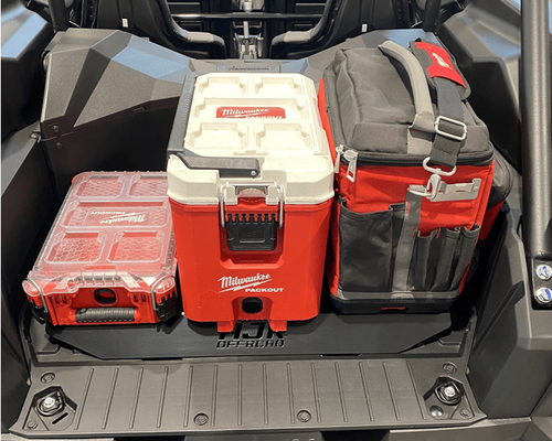 Kawasaki KRX Packout Mount 1.5 by AJK Offroad with 3 packouts, including a cooler