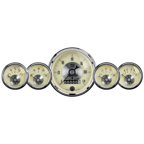 AutoMeter Gauge Kit 5 Pc 3-3/8in. & 2-1/16in. Elec Speedo W/Wheel Odo Prestige Antique. Ivory
