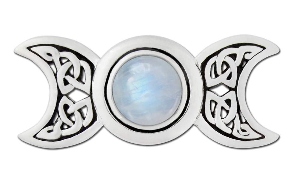Sterling Silver Celtic Knot Triple Moon Goddess Rainbow Moonstone 