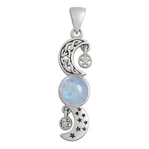 Sterling Silver Celtic Crescent Moon and Stars Rainbow Moonstone Pentacle Pendant Sterling Silver Celtic Crescent Moon and Stars Rainbow Moonstone Pentacle Pendant
