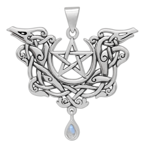 Sterling Silver Dragon Pentacle Pendant with Rainbow Moonstone Sterling Silver Dragon Pentacle Pendant with Rainbow Moonstone