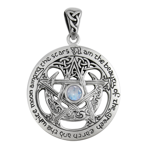 Sterling Silver Extra Large Cut Out Moon Pentacle Pendant with Rainbow Moonstone Sterling Silver Extra Large Cut Out Moon Pentacle Pendant with Rainbow Moonstone