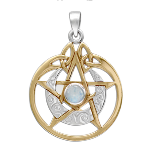 Sterling Silver Vermeil Crescent Moon Pentacle Pendant with Circle and Rainbow Moonstone